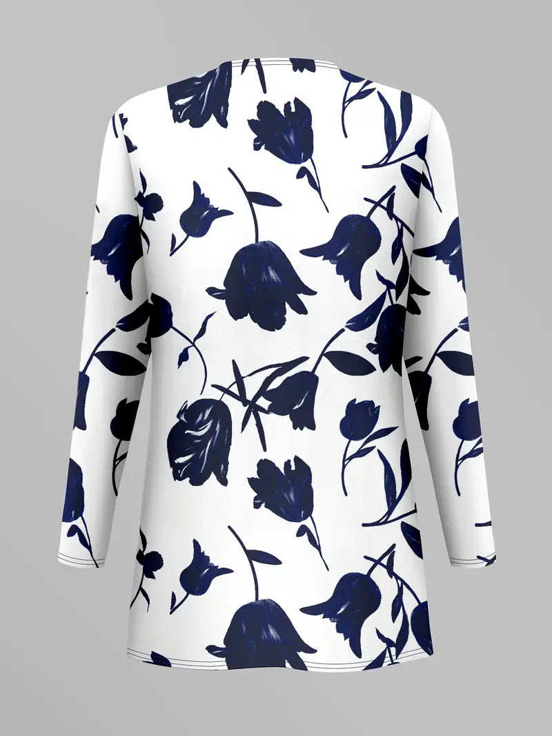 Printed Cardigan Jacket With Solid Color Inner Strap Casual Pants