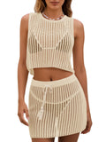 Fisoew Womens 2 Piece Crochet Sets Sleeveless Crop Tops Cover Up Beach Mini Skirt Outfits Vacation Sets