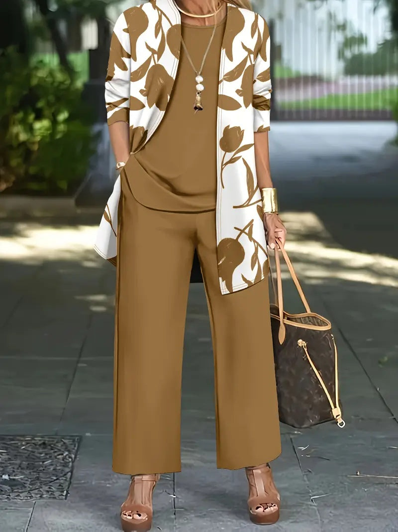 Printed Cardigan Jacket With Solid Color Inner Strap Casual Pants