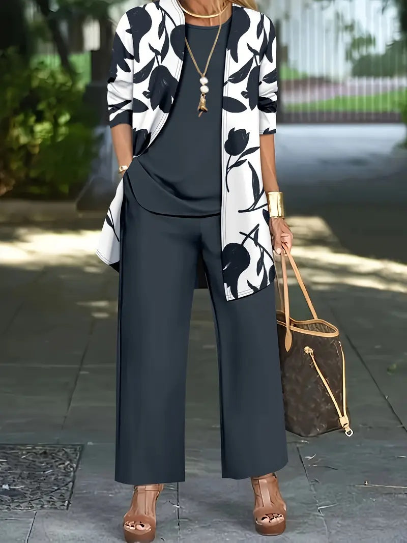 Printed Cardigan Jacket With Solid Color Inner Strap Casual Pants