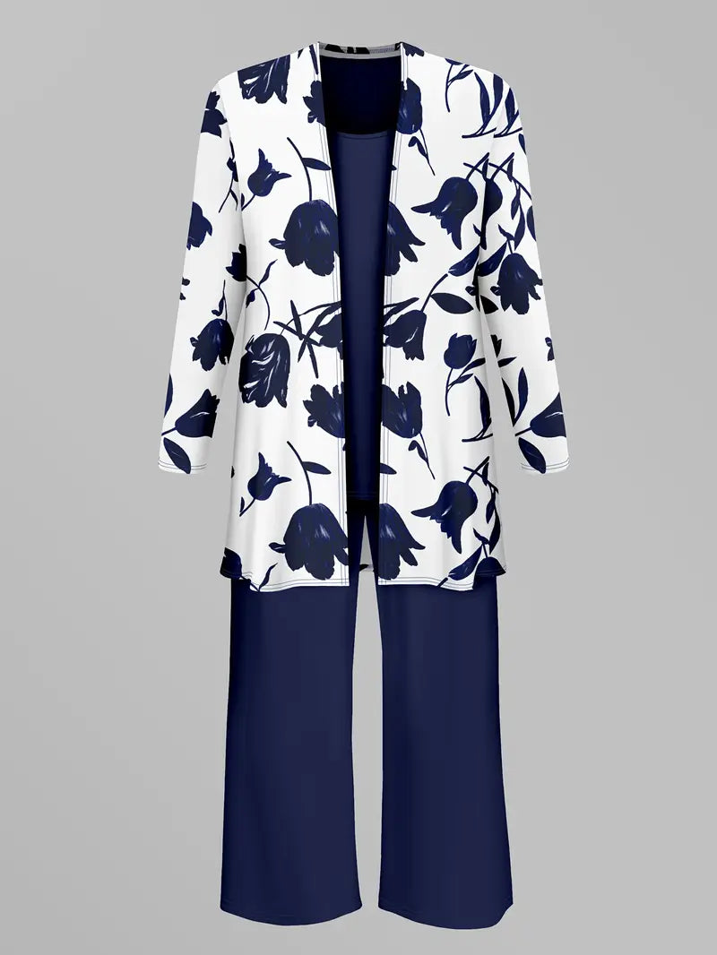Printed Cardigan Jacket With Solid Color Inner Strap Casual Pants