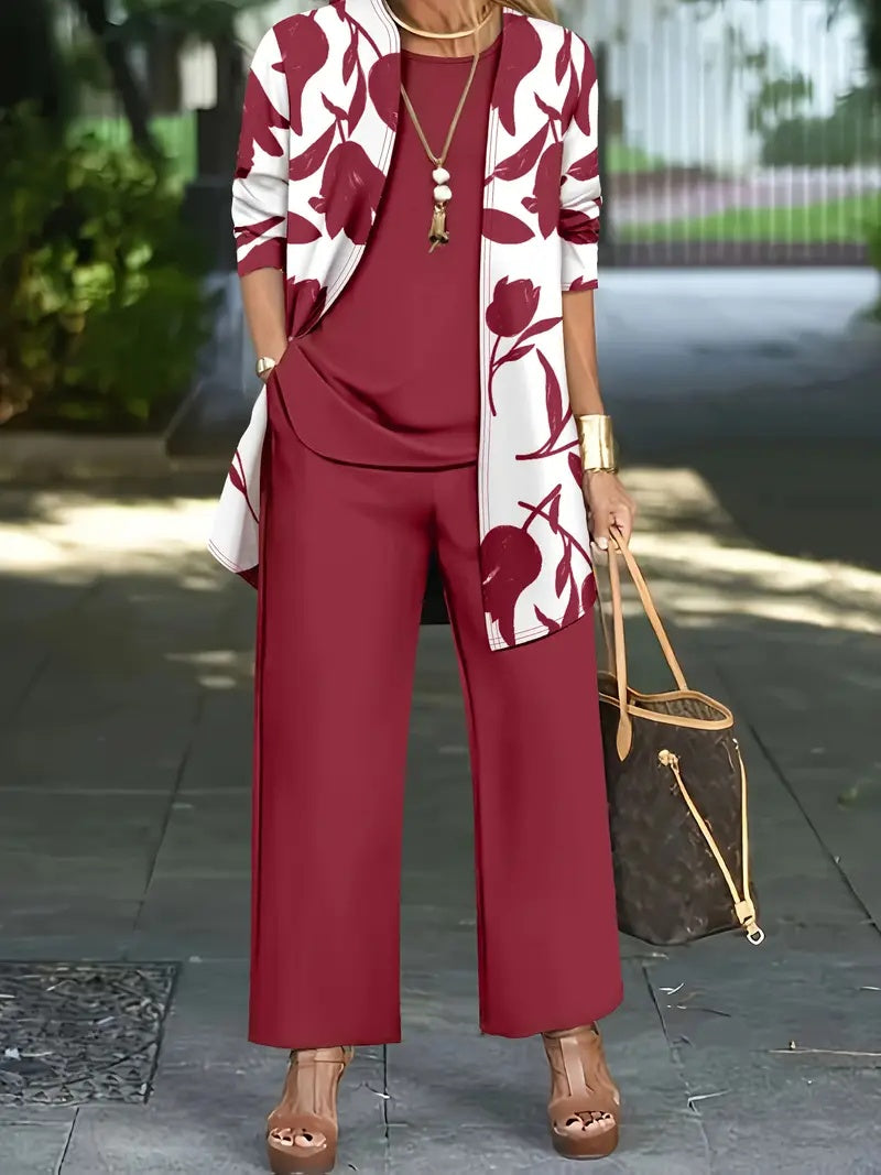 Printed Cardigan Jacket With Solid Color Inner Strap Casual Pants